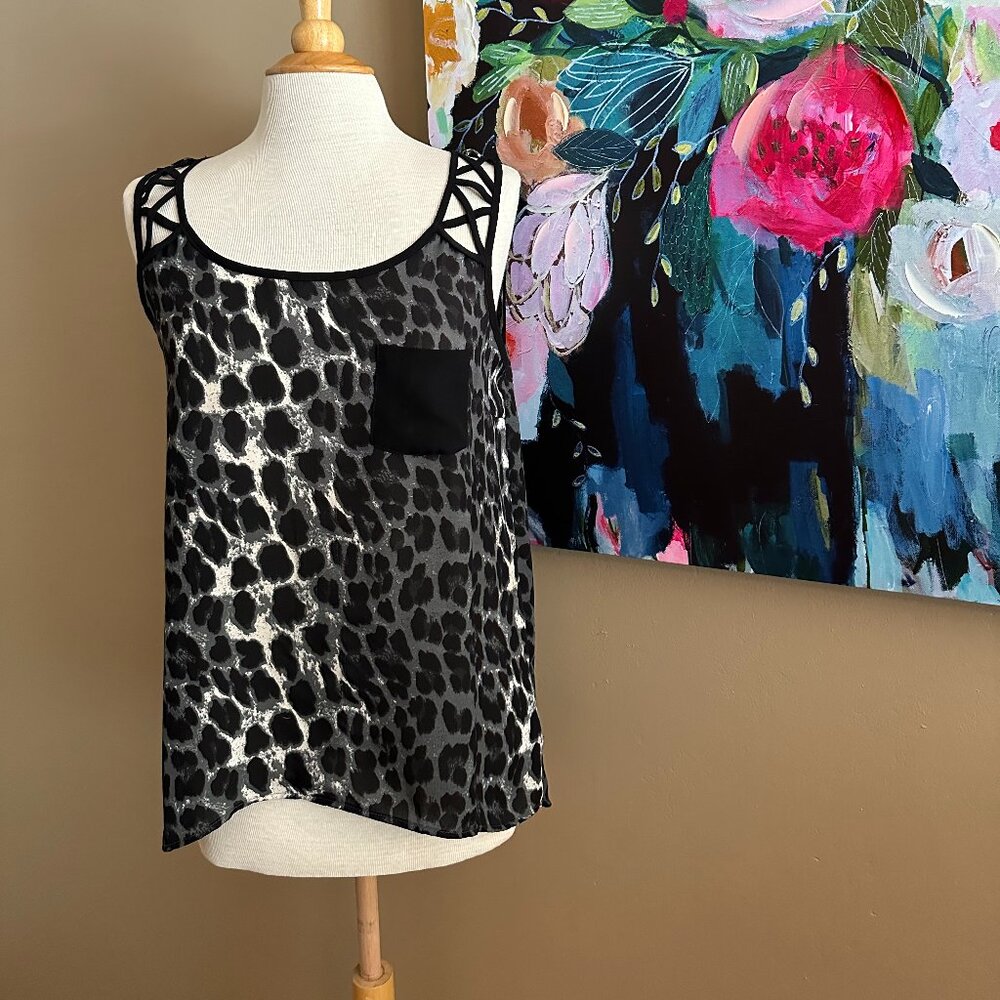 ✨ Edge Black Leopard Satin Tank with Cutout Straps Women's Size Large